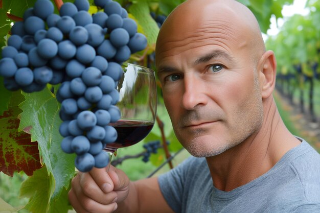 Retrato de un hombre con una copa de vino rojo en un viñedo