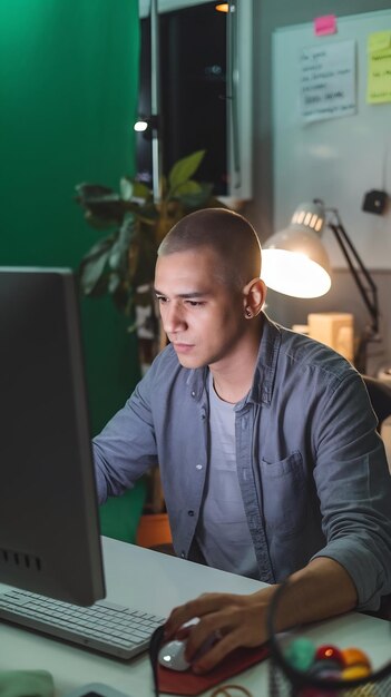 Retrato de un hombre creativo sentado en su escritorio usando una computadora de escritorio con una pantalla verde simulada
