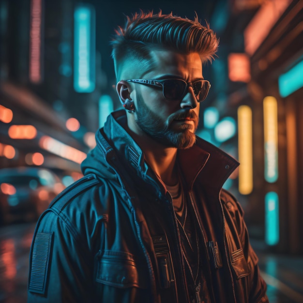 Retrato de hombre cyberpunk de estilo futurista y neón