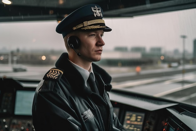 Retrato de un hombre en el despachador de un empleado de una aerolínea en el aeropuerto IA generativa