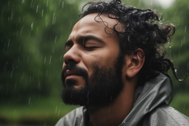 Retrato de un hombre disfrutando de la lluvia en un bosque