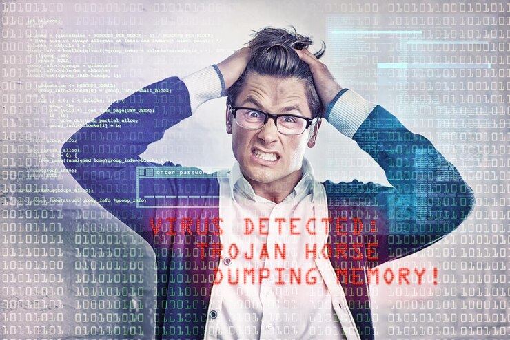 Foto retrato de hombre e interfaz digital con virus o frustrado por problema de seguridad o advertencia de caballo de troya o computación en la nube cara de persona masculina y enojada con firewall tecnológico o cibercrimen