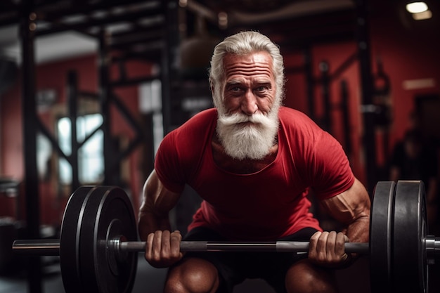 Retrato de un hombre de edad avanzada haciendo ejercicios con barra en el gimnasio Un hombre anciano haciendo ejercicio con barra