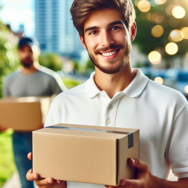 Retrato Hombre de entrega entregando una caja de paquetes al cliente ciudad naturaleza bokeh ai generativa