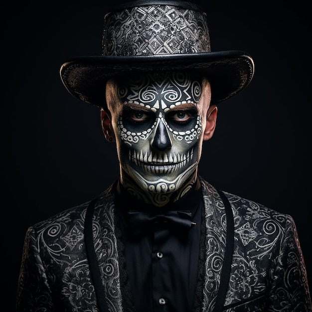 retrato de un hombre en el estilo tradicional del día de los muertos con maquillaje de calavera de azúcar