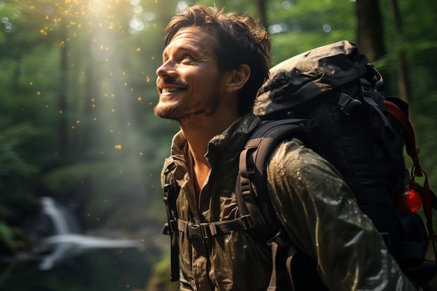 Foto retrato del hombre excursionista en el fondo de la naturaleza