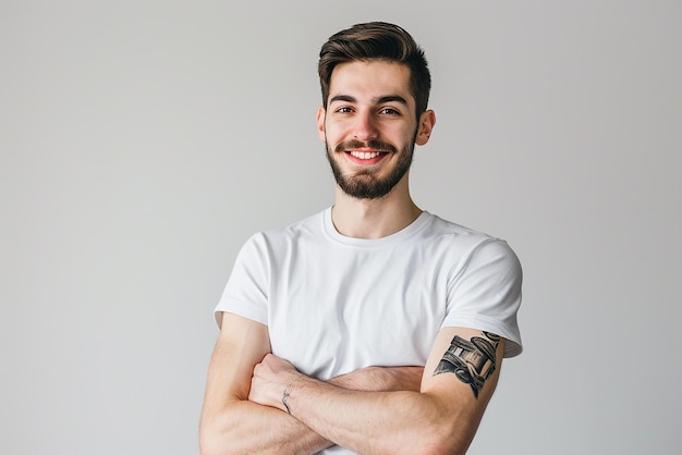 retrato del hombre feliz con el brazo cruzado sobre fondo blanco aislado