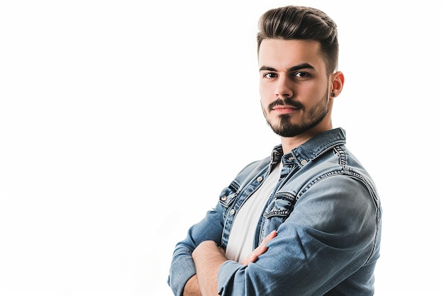 retrato del hombre feliz con el brazo cruzado sobre fondo blanco aislado