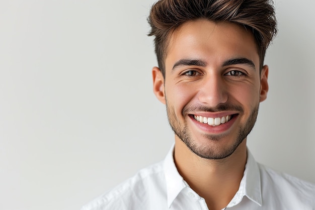 Foto retrato del hombre feliz con el brazo cruzado sobre fondo blanco aislado