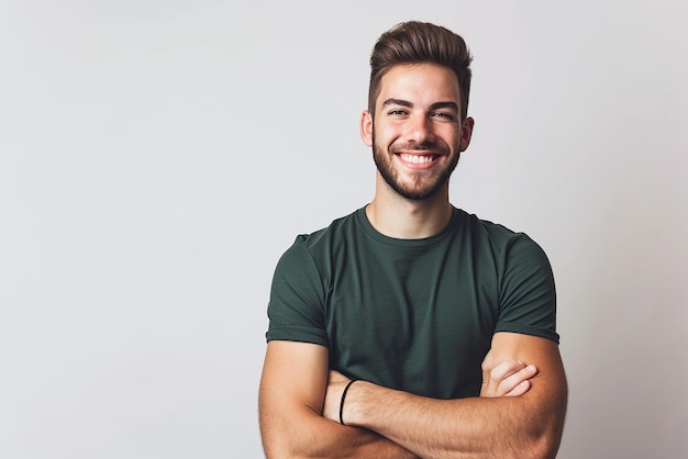 retrato del hombre feliz con el brazo cruzado sobre fondo blanco aislado