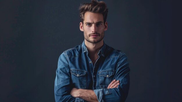 Retrato de un hombre feliz, elegante y guapo con camisa vaquera cruzando las manos y mirando a la cámara