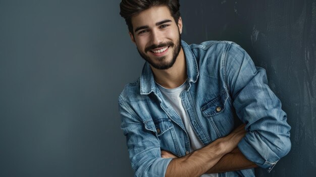 Foto retrato de un hombre feliz, elegante y guapo con camisa vaquera cruzando las manos y mirando a la cámara