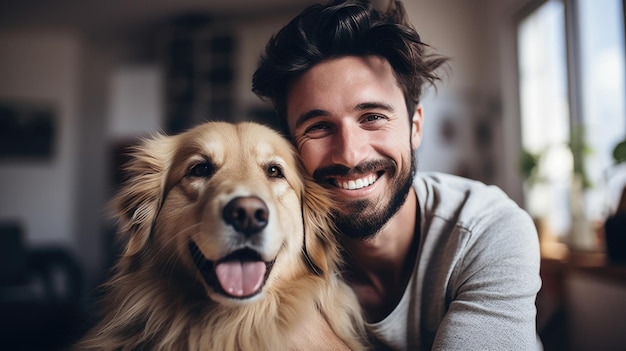 Retrato de un hombre feliz con un perro golden retriever amistad cercana vínculo amoroso entre el dueño y la mascota