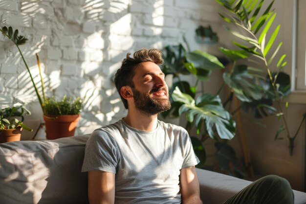 Retrato de un hombre feliz relajándose en el sofá