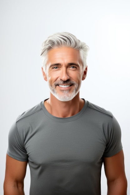 Retrato de hombre feliz y sonriente de mediana edad con camiseta aislada en blanco