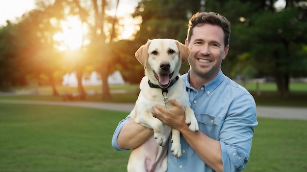 Retrato de un hombre feliz sosteniendo a su amigo perro labrador al atardecer en el parque