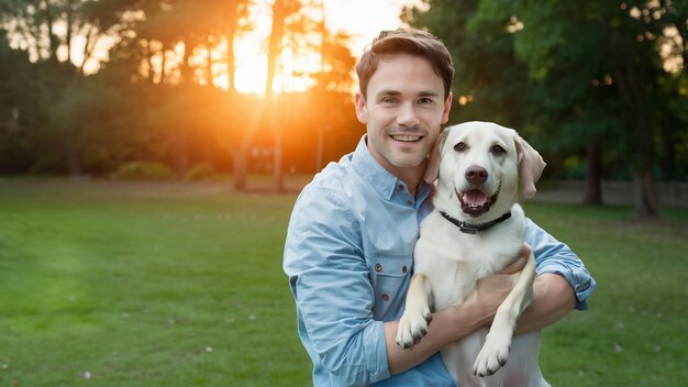 Retrato de un hombre feliz sosteniendo a su amigo perro labrador al atardecer en el parque