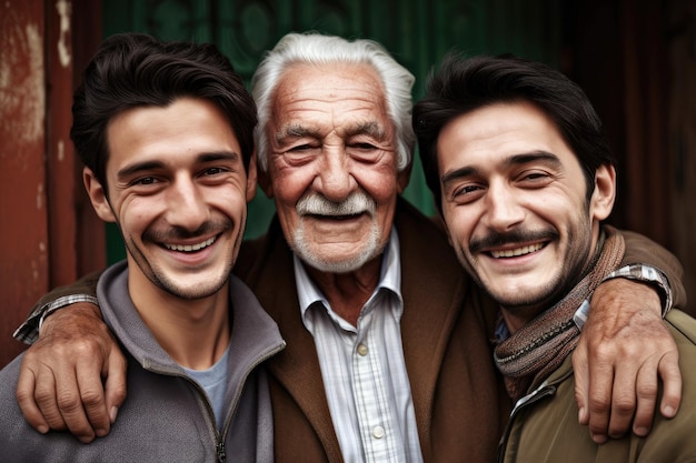 Retrato de un hombre feliz con su padre anciano y su hijo pequeño creado con IA generativa