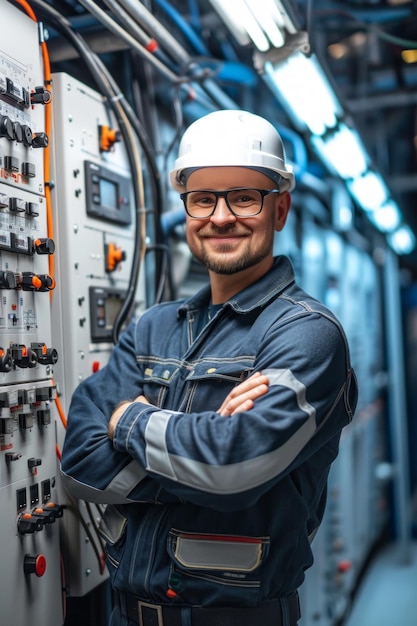 Retrato de un hombre feliz y un técnico de ingeniería en el servicio de inspección de la sala de control o en la industria