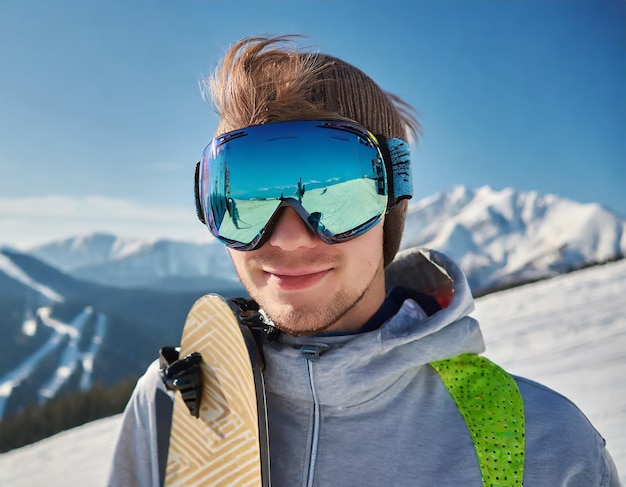 Foto retrato de un hombre en el fondo de las montañas y el cielo azul sosteniendo una tabla de snowboard y usando un vaso de esquí
