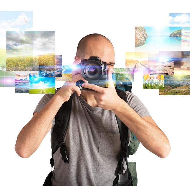 Foto retrato de un hombre fotografiando