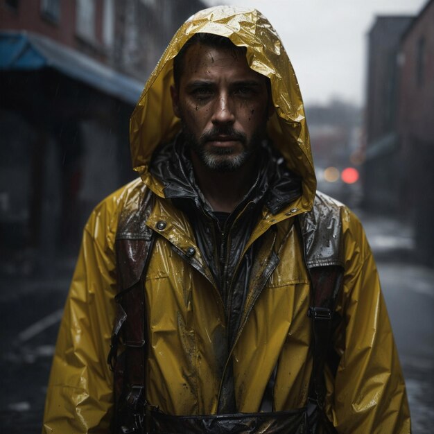 Retrato de un hombre fotorrealista en la lluvia con un impermeable