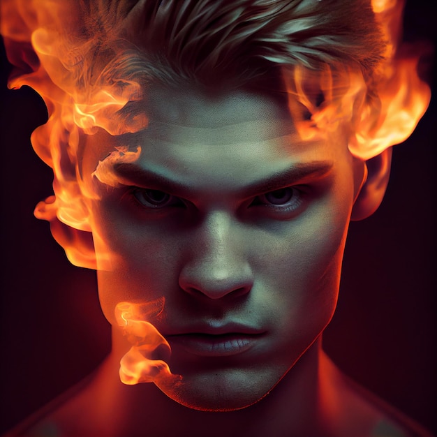 Retrato de hombre en fuego épico avatar 3d render ilustración