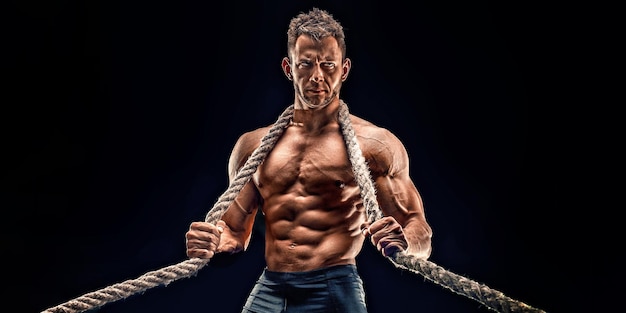 Retrato de un hombre fuerte de fitness atlético que muestra grandes músculos sobre fondo negro