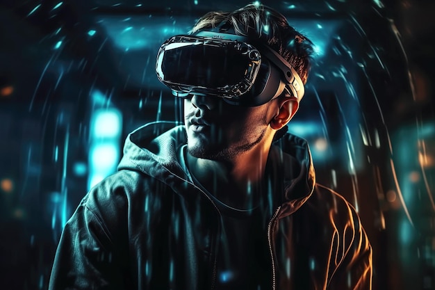 Retrato de hombre con gafas de realidad virtual en el ciberespacio del metaverso con realidad aumentada de la futura IA generativa