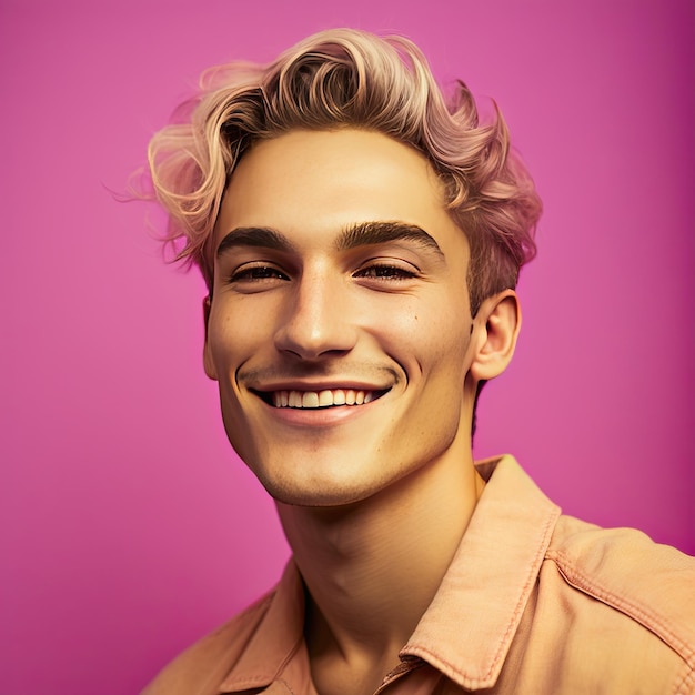 Retrato de un hombre gay alegre y divertido americano alegre y sonriente que mira la cámara aislada en el concepto de orgullo de color rosa Generado por IA