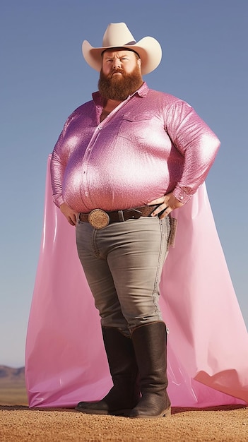 Retrato de un hombre gordo con un sombrero de vaquero y una capa rosa