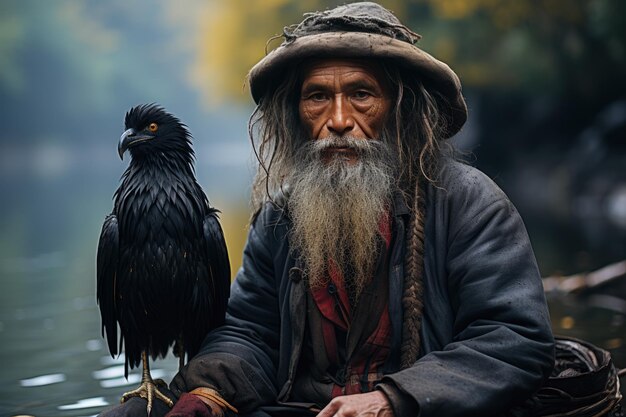 Foto retrato de un hombre de guangxi zhuang en un río con un cormoran en su barco de pesca