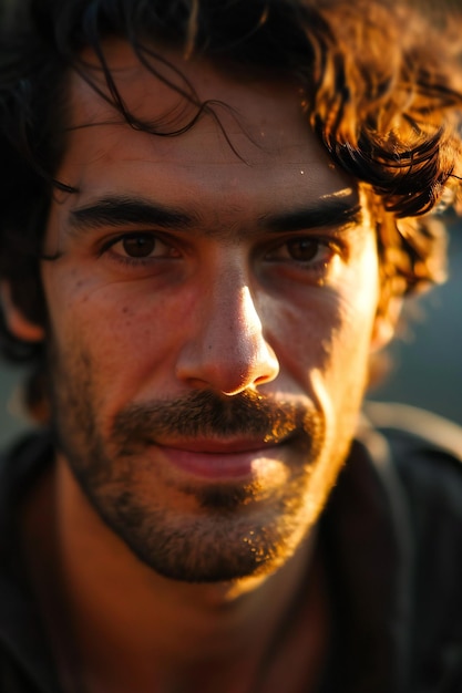 Retrato de un hombre guapo con barba y bigote al atardecer