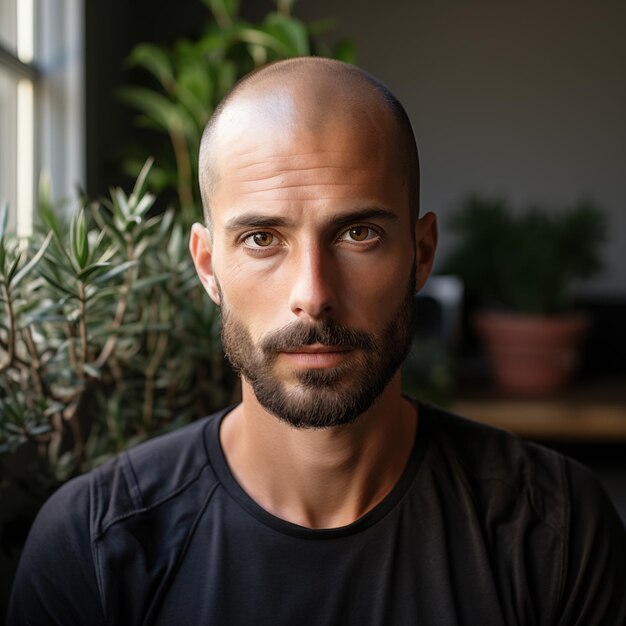 Retrato de un hombre guapo con barba y bigote en una camiseta negra Sin problema de alopecia del cabello