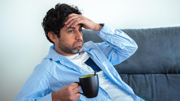 Foto retrato de hombre guapo bebiendo café expreso matutino y sintiéndose agotado en un sofá en casa. hombre caucásico frustrado tomando café mientras sostiene la cabeza en la mano y sentado en el sofá en el interior de la casa