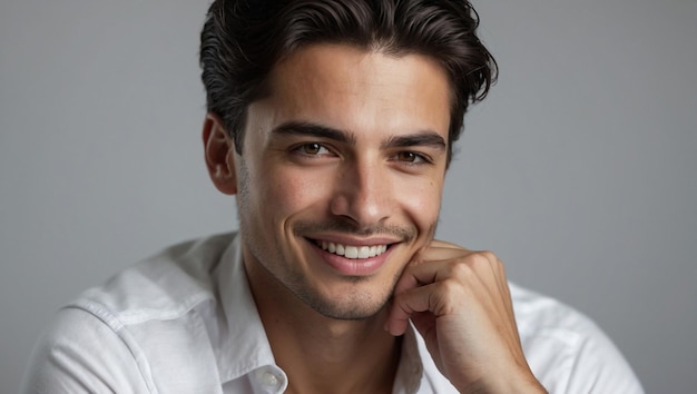 Foto retrato de un hombre guapo de cabello negro con una camisa blanca sobre un fondo blanco