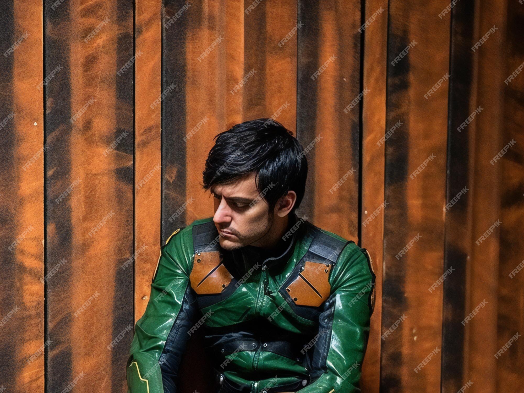 Retrato de un hombre con una chaqueta de cuero verde contra una pared de madera Premium