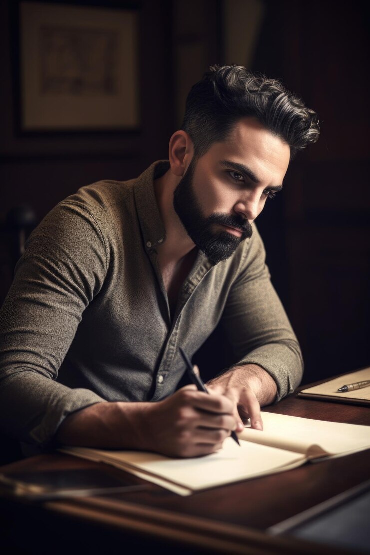 Retrato de un hombre guapo escribiendo en su oficina creado con IA generativa