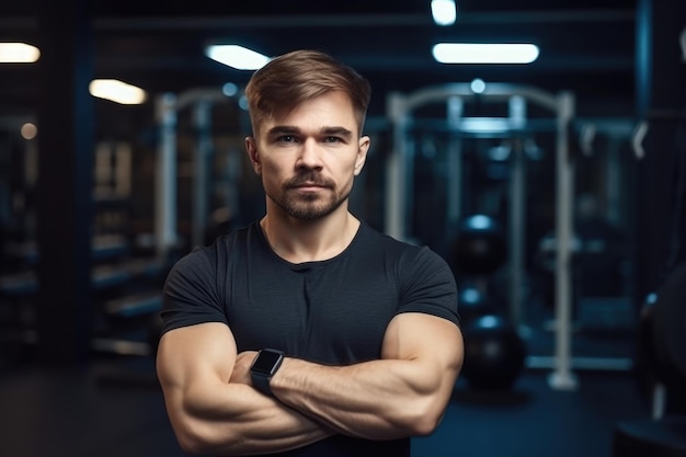 Retrato de un hombre guapo de pie con los brazos cruzados en el gimnasio creado con ai generativo