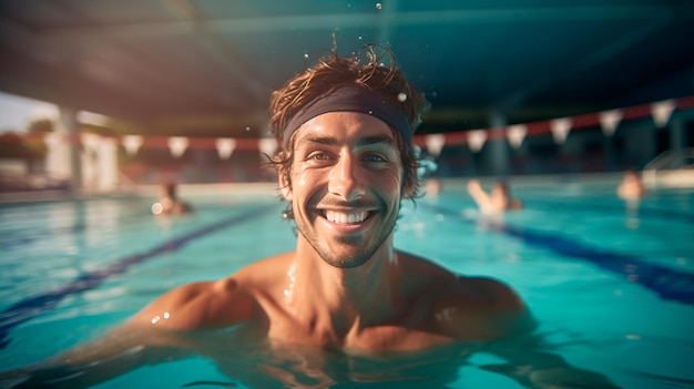 Foto retrato de un hombre guapo en la piscina