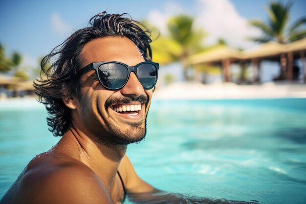 Retrato de un hombre guapo en una playa paradisíaca saliendo del agua