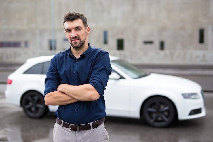 Foto retrato de hombre guapo y su coche blanco