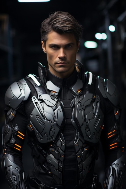 Retrato de un hombre guapo con traje de combate futurista