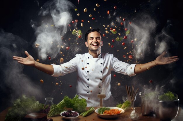 Foto retrato de un hombre hermoso y alegre rodeado de verduras frescas y jugosas