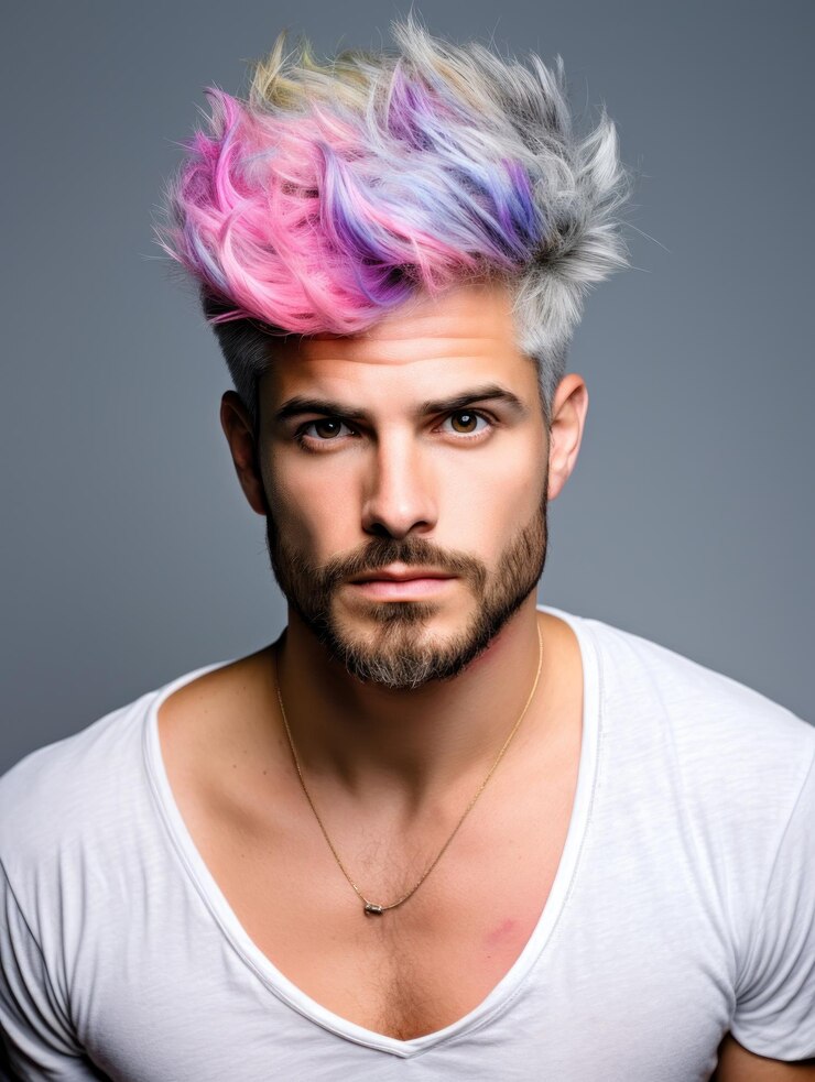Retrato de un hombre hermoso rostro natural y limpio costumbrado vista de cerca cabellos coloridos