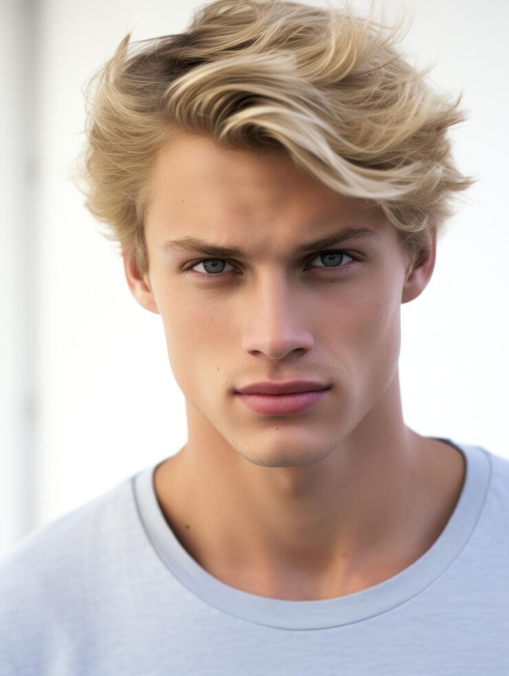 Retrato de un hombre hermoso rostro natural y limpio costumbrado vista de cerca cabellos rubios