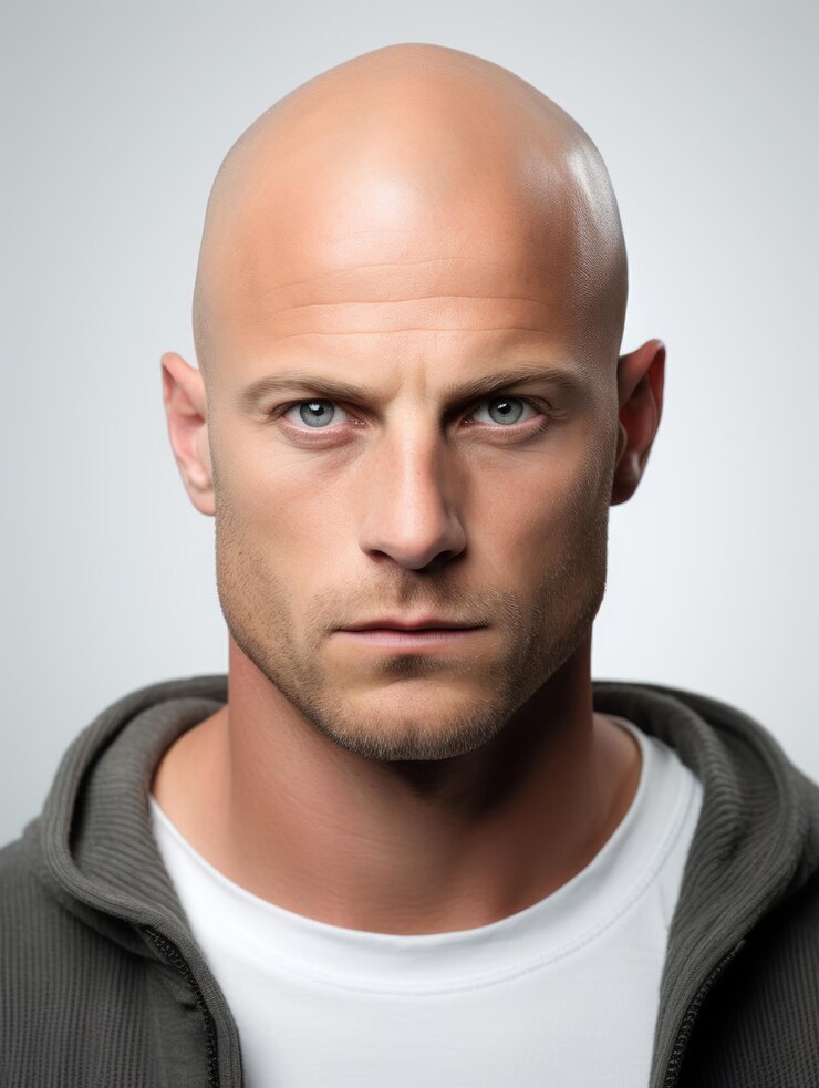Retrato de un hombre hermoso rostro natural y limpio costumbrado vista de cerca calvo