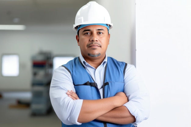 Retrato de hombre hispano trabajador de fábrica ai generado