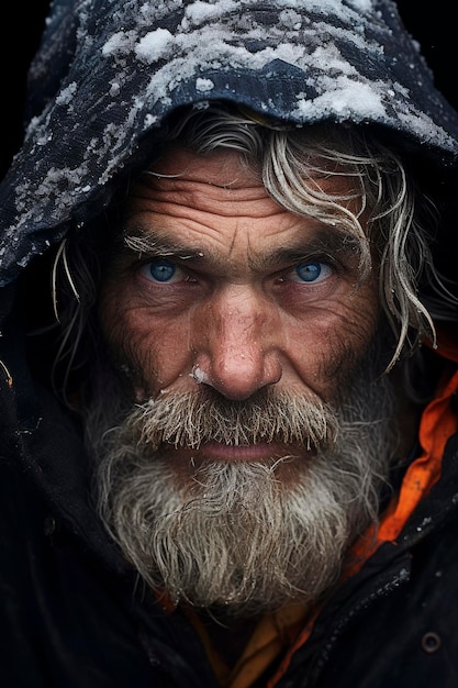 Retrato de un hombre sin hogar de cerca tristeza en los ojos IA generativa