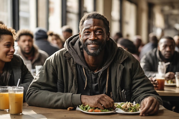 Retrato de un hombre sin hogar negro sentado en una mesa después de tener un almuerzo gratis